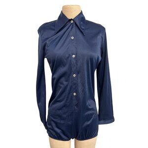 Vintage Blue Swan Nylon Satinette Button-Up Shirt Bodysuit With Pointed Collar L